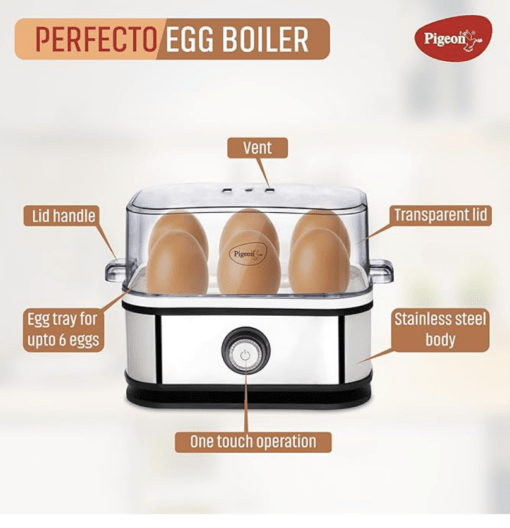 Pigeon by Stovekraft Perfecto Egg Boiler with See Through Lid |350 Watts |Boil upto 6 Eggs (Hard, Medium, Soft) | Measuring Cup |1 year warranty | Automatic Shut off, Black & Silver - Image 2